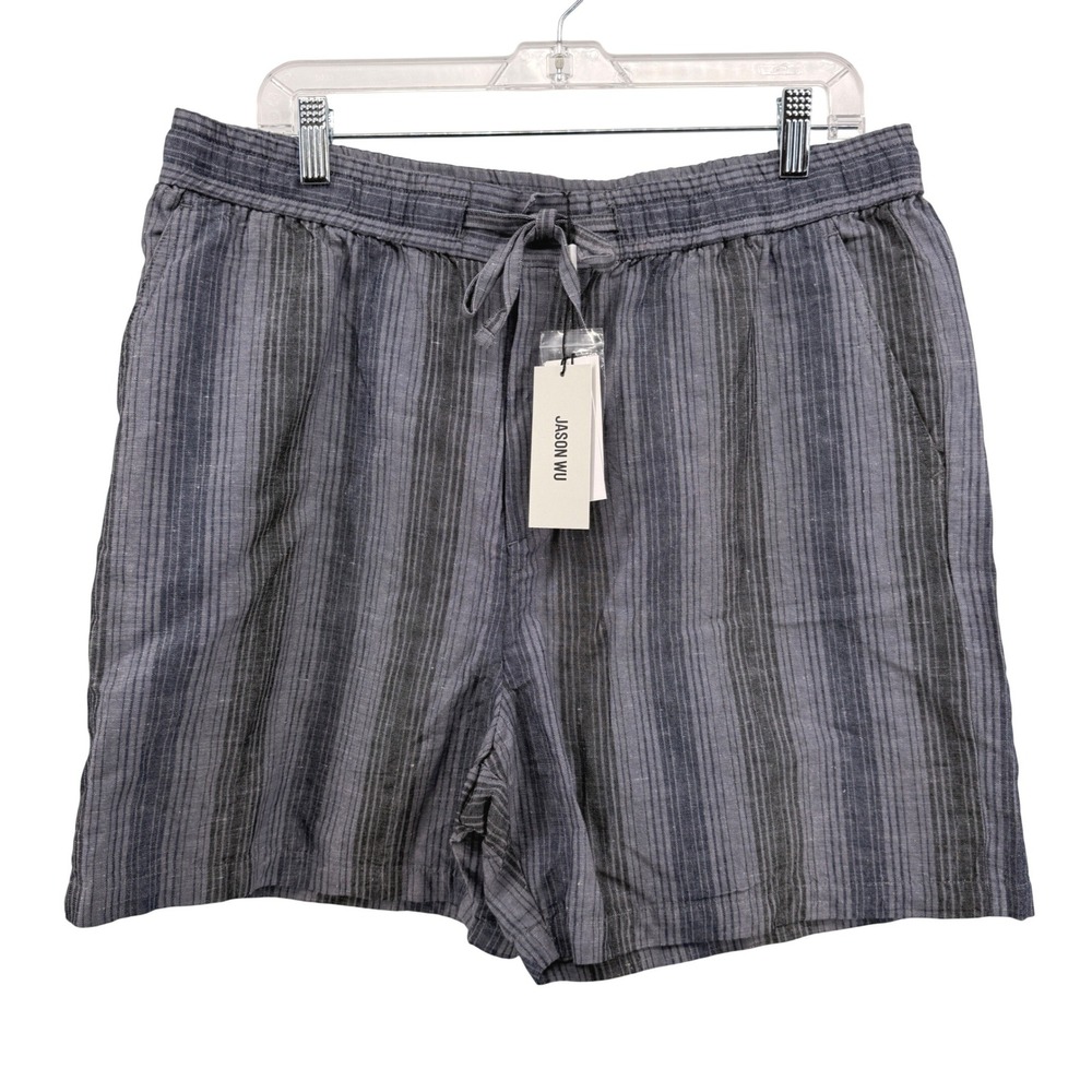 NEW Jason Wu Mens Large Shorts 5" Denim‎ Heather Striped Cotton Hemp Drawstring
